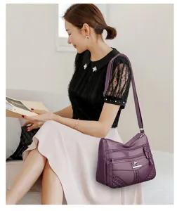 Women's multi-layer soft leather shoulder crossbody bag, casual large capacity mother bag.