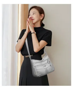 Women multi-layer soft leather shoulder bag casual crossbody handbag for daily use gray