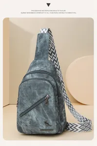 Grey canvas sling bag detail showing double zippers, metallic kangaroo logo, and patterned strap.