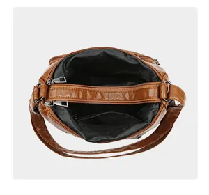 Borsa a tracolla in pelle lavata retrò, borsa da donna multistrada di grande capacità.