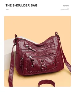 Borsa a tracolla in pelle lavata vintage da donna, borsa a tracolla capiente multistrato.