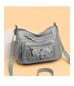 Borsa a tracolla multi-strato in pelle lavata retro per donne, grande capacità pratica.