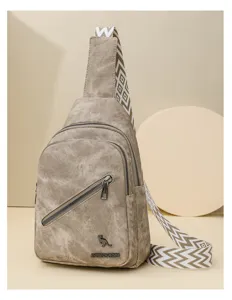 Casual women's canvas chest bag, stylish sling crossbody bag with multi-zipper and wide strap.
