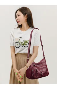 Borsa a tracolla in pelle lavata rétro da donna, design cross-body a più tasche con grande capacità.