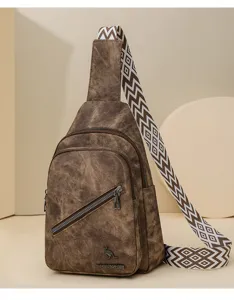 Women retro brown sling chest bag with wide geometric strap casual crossbody bag