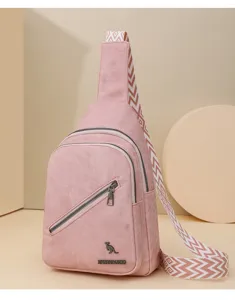 Pink canvas sling chest bag with geometric strap, multi-compartment casual crossbody daypack.