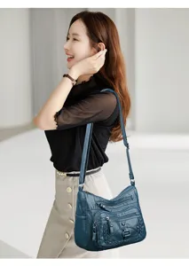 Borsa a tracolla rétro in pelle lavata con tasche multiple, ideale per lo stile casual quotidiano.