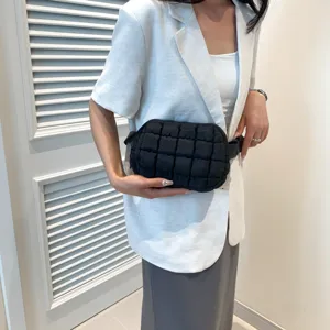 Women stylish black quilted puffer waist bag casual chest bag fashion crossbody bag