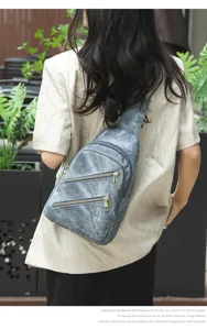 Damen Freizeit Umhängetasche Vintage Wascht PU Leder Brusttasche mit mehreren Reißverschlüssen