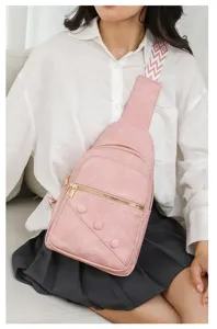 Women stylish pink crossbody sling chest bag with wide strap and decorative buttons casual