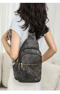 Women single shoulder sling bag casual travel chest backpack dark grey vintage style daily use.