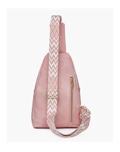 Pink chest bag for women, stylish crossbody sling bag with wide geometric pattern strap.