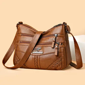 Women Soft Leather Shoulder Bag Multi Layer Crossbody Bag Casual Vintage Handbag Large Capacity Satchel Bag Pocket