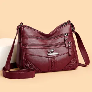 Women soft leather multi pocket crossbody shoulder bag vintage style casual handbag red