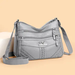 Grey soft leather multi-pocket shoulder crossbody bag for women casual large capacity design