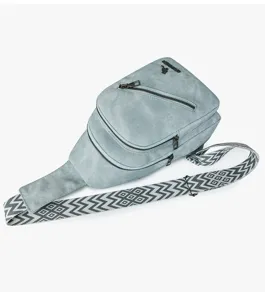 Close-up view of the light blue women's sling bag with double-layer zip and wide strap.