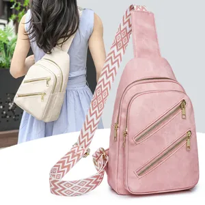 Urban Minimalistisch PU Leder Umhängetasche Brusttasche Für Damen Doppelschicht Reißverschluss Schultertasche Mit Breitem Geometrischem Gurt