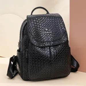 Womens Fashion Casual Woven Backpack Large Capacity Soft PU Leather Travel Anti Theft School Bag