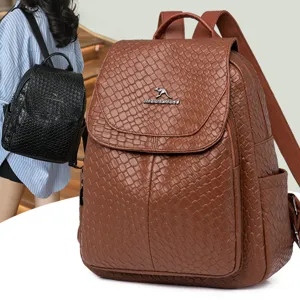 Women Woven Leather Backpack Casual Large Capacity Travel School Bag Anti-theft