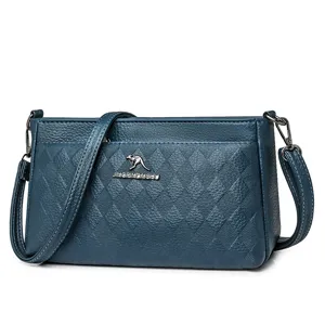Blue quilted leather crossbody bag, stylish women's shoulder bag with metal logo decoration for daily use.