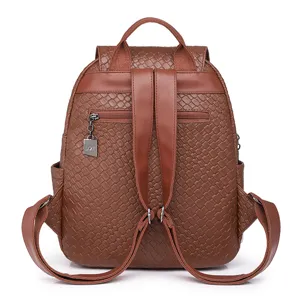 Women vintage woven leather backpack casual travel anti-theft school book bag brown