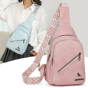 Women stylish sling chest bag casual PU leather crossbody shoulder bag with wide strap