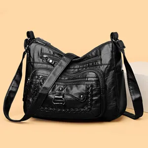 Borsa a tracolla in pelle lavata nera da donna, borsa casual con tasche multiple