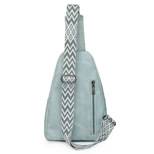 Women casual chest bag light blue crossbody sling backpack with wide geometric woven strap