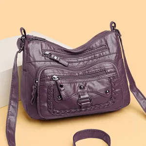 Borsa a tracolla donna pelle lavata retro multi-strato viola borsa casual giornaliera