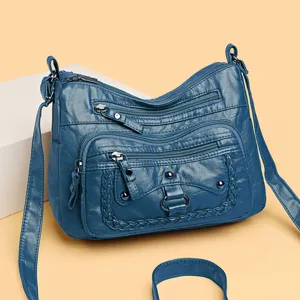 Borsa a tracolla retrò in pelle lavata per donna, multitasche grande capacità stile casual.