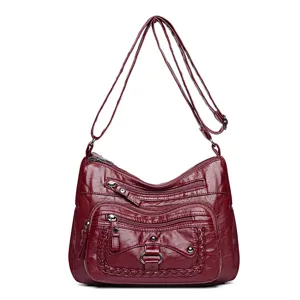 Borsa a tracolla retro in ecopelle lavata multi-tasche borsa a mano per donne casual