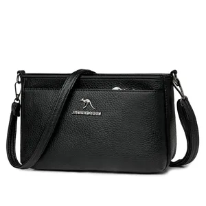 Black soft leather women's shoulder bag, stylish casual crossbody messenger handbag.