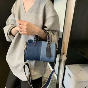 Stylish denim patchwork boston shoulder bag for women trendy casual crossbody handbag