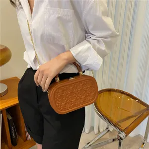 Chic embossed brown hardcase box handbag with chain strap, retro style top handle crossbody bag.