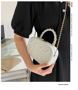 White embossed box handbag with braided handle and gold chain strap for stylish women.