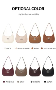 Minimalist crescent shoulder bag for women, stylish underarm hobo handbag with metal triangle.