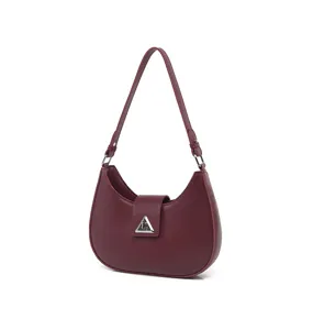 Burgundy leather hobo shoulder bag for women, stylish crescent underarm purse with metal clasp.