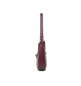 Wine red hobo shoulder bag side view, minimalist crescent bag detail showing smooth curve.