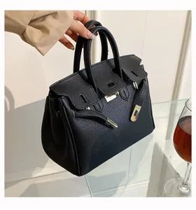 Schwarze Leder Birkin Handtasche für Damen, große Kapazität stilvolle Schultertasche.
