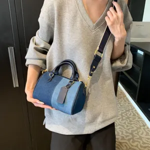 Women denim boston bag stylish colorblock shoulder crossbody bag casual pillow handbag