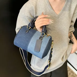 Women Denim Patchwork Boston Bag Urban Minimalist Contrast Color Pillow Shoulder Crossbody Bag Casual Top Handle Bag With Wide Strap