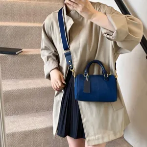 Women fashion blue denim Boston handbag, stylish contrast shoulder messenger crossbody bag.