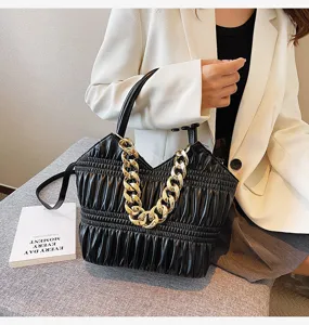Black pleated women handbag with gold chain handle shoulder crossbody fashion bag elegant style