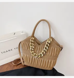 Stylish khaki pleated shoulder bag with chunky gold chain, elegant tote bag for women.