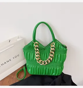 Green ruched women handbag with gold chain, stylish shoulder and crossbody bag.