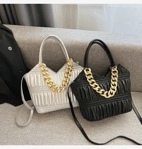 Chic ruched shoulder handbag with chunky gold chain for women, stylish crossbody tote bag.