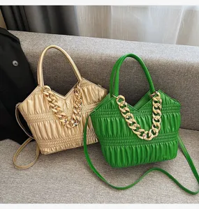 Stylish women's pleated handbag with chunky chain strap, casual shoulder crossbody bag.