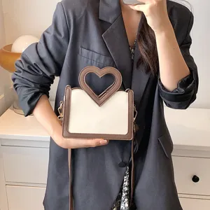 Herzgriff Umhängetasche, stilvolle weiß-braune zweifarbige Damen-Schultertasche chic.