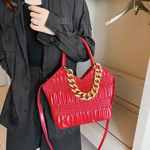 Fashion Women Pleated Shoulder Bag Soft PU Leather Thick Gold Chain Handbag Elegant Hobo Bag Party Daily Crossbody Bag