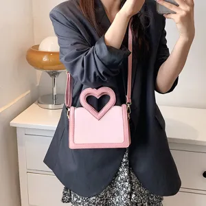Rosa Umhängetasche mit Herzgriff schicke Damen Schultertasche PU Leder Handtasche